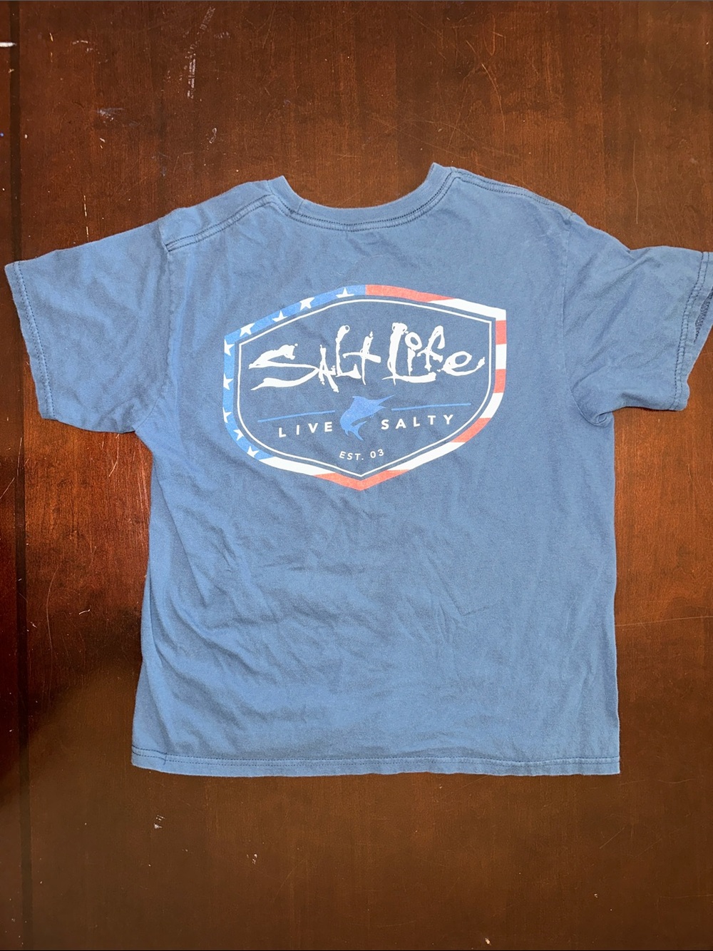 Salt Life Boys Blue Short Sleeve Tee with Patriotic Shield Graphic